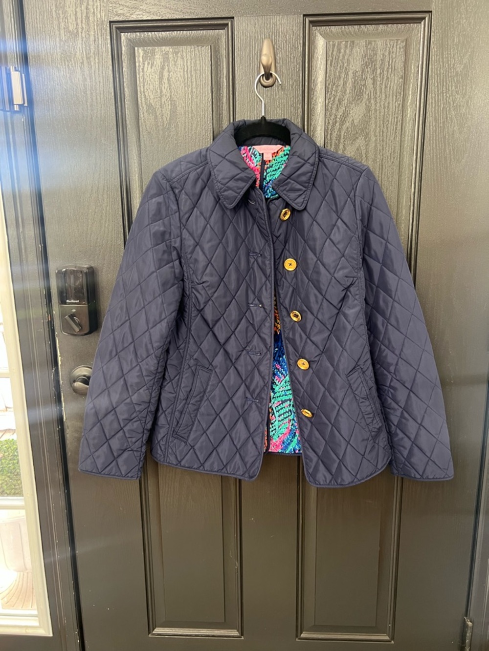 Lilly Pulitzer Navy Quilted Jacket with Bright Multicolor Lining